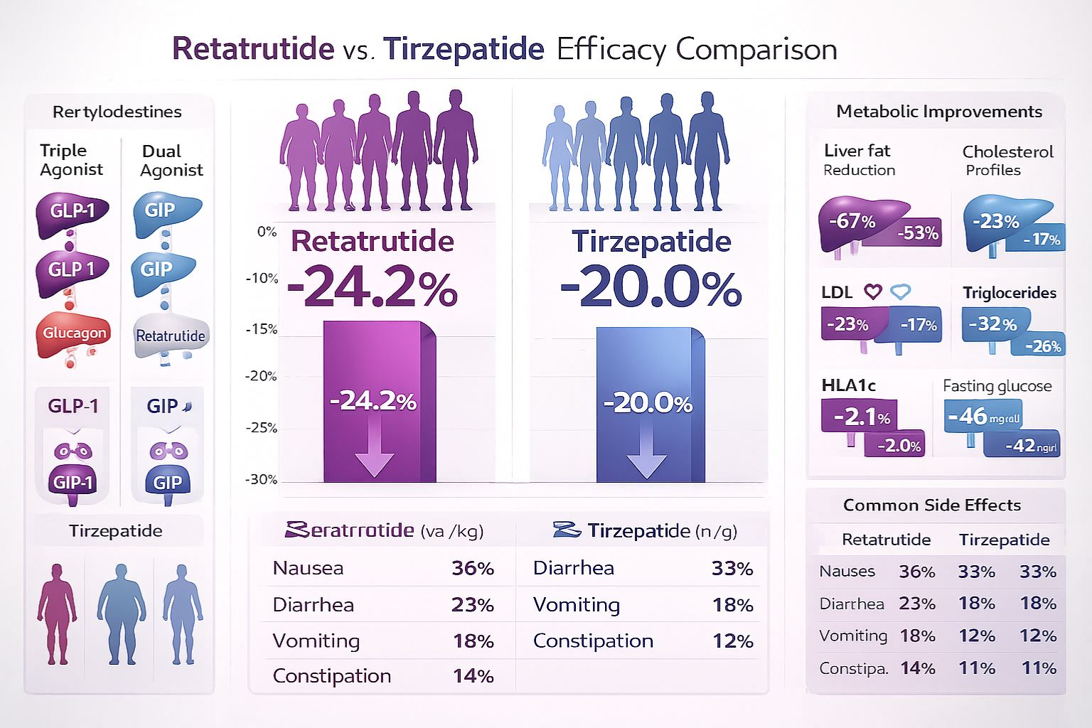 Retatrutide vs Tirzepatide: Dosing, Efficacy & Side Effects 2025